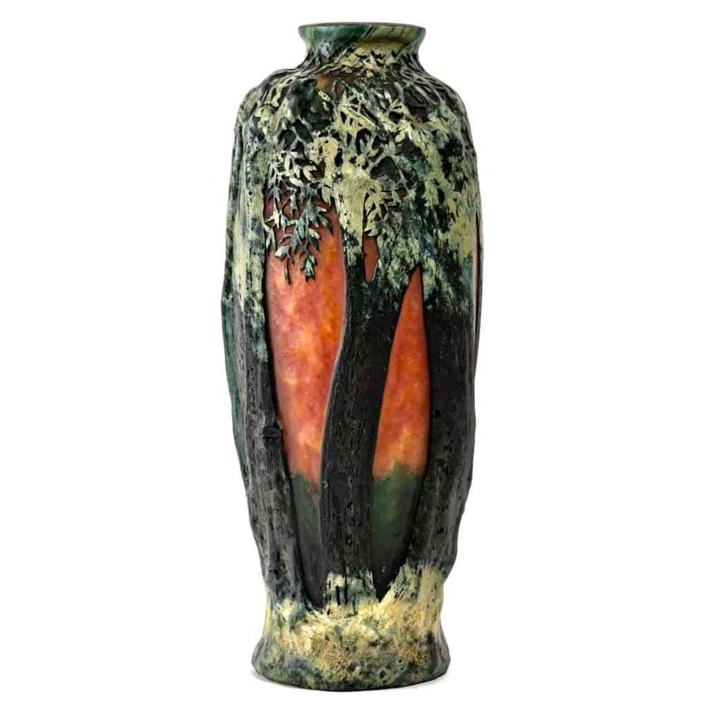 Vase verre multicouche dégagé à l’acide vert et orange de DAUM NANCY | Biron Vase verre multicouche dégagé à l'acide vert et orange de DAUM NANCY