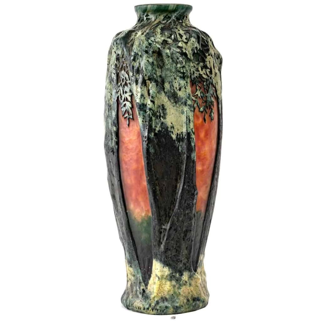Vase verre multicouche dégagé à l’acide vert et orange de DAUM NANCY | Biron Vase verre multicouche dégagé à l'acide vert et orange de DAUM NANCY