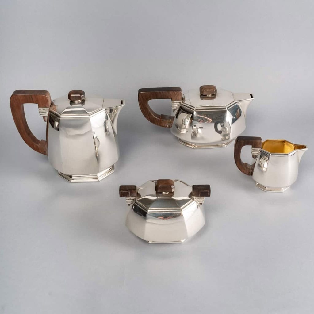 Service Thé et Café Pans Coupés argent massif prises en palissandre de Jean E. PUIFORCAT | Biron ||||||||||||||