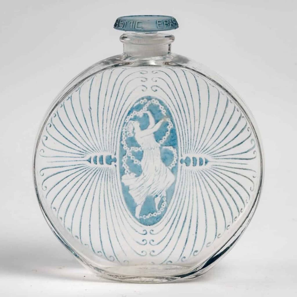 Flacon "De Lui" verre blanc patiné bleu de René LALIQUE pour Erasmic