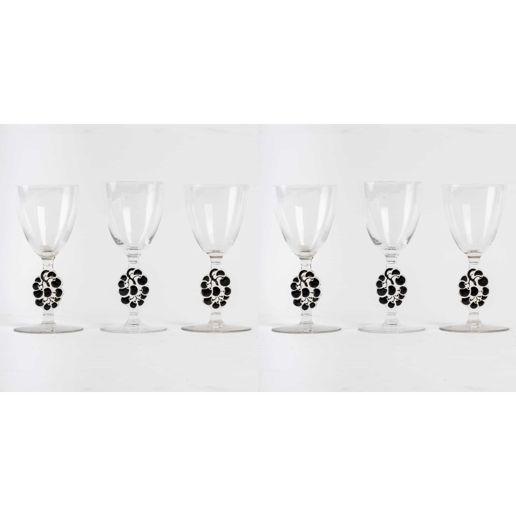 Suite de 6 Verres à Liqueur « Thionville » verre blanc émaillé noir de René LALIQUE – 6 pièces | Biron ||||||