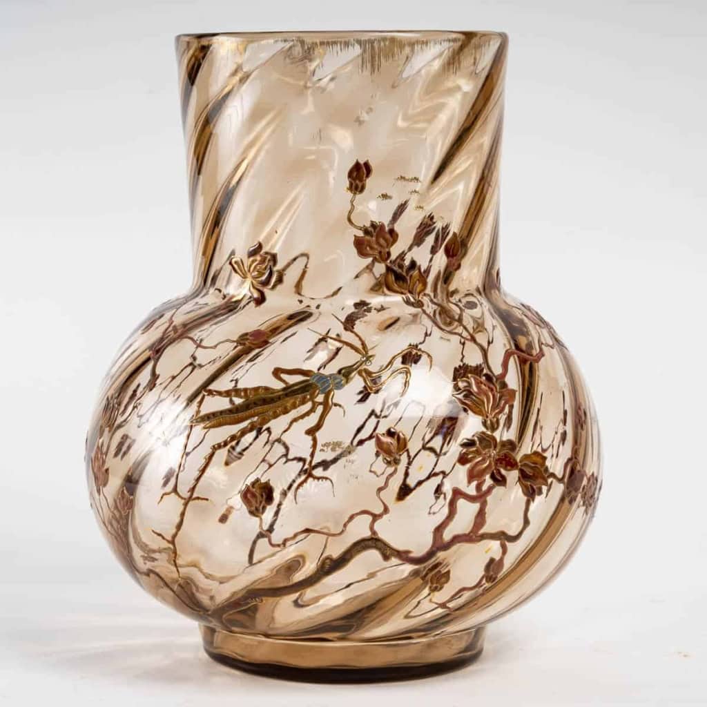 Vase « Mante Religieuse » verre fumé godronné émaillé d’Emile Gallé | Biron |||||||