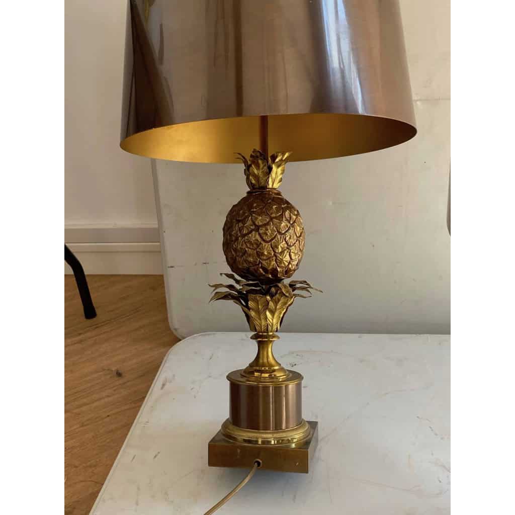 1950/70 Paire De Lampes à l’Ananas en Bronze, Abat-jour en Laiton, Signée Charles & Fils Made In France ,Modéle Unique D | Biron 1950/70 Paire De Lampes à l’Ananas en Bronze, Abat-jour en Laiton, Signée Charles & Fils Made In France ,Modéle Unique D
