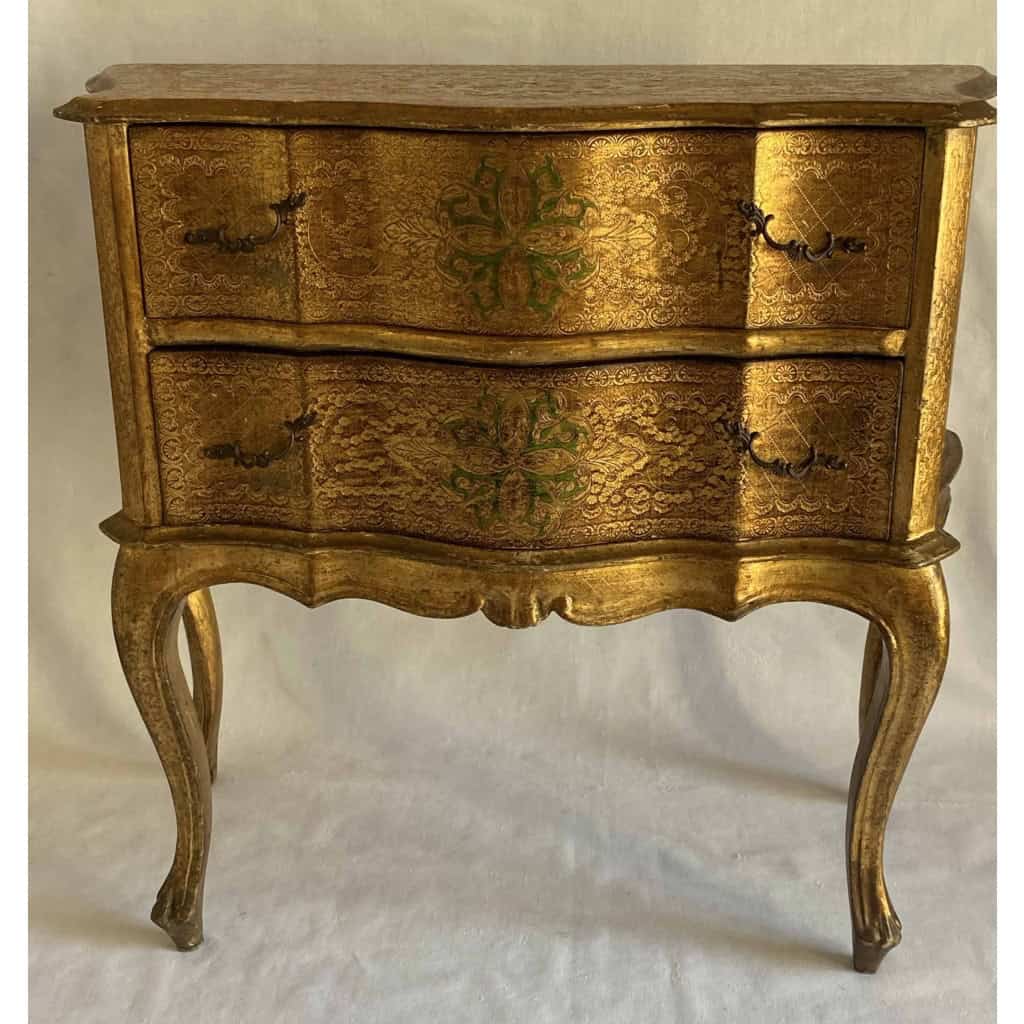1970′ Commode Arbalète 2 Tiroirs Bois Doré Style Renaissance Italienne 76 X 33 X H 71 cm
