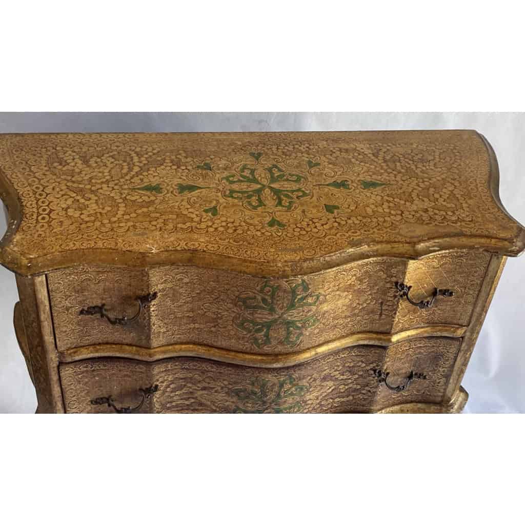 1970′ Commode Arbalète 2 Tiroirs Bois Doré Style Renaissance Italienne 76 X 33 X H 71 cm