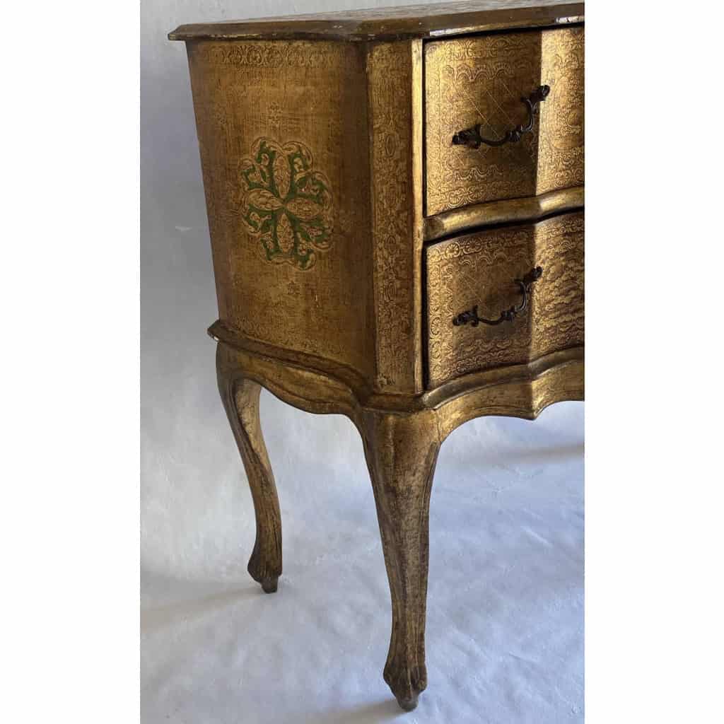 1970′ Commode Arbalète 2 Tiroirs Bois Doré Style Renaissance Italienne 76 X 33 X H 71 cm