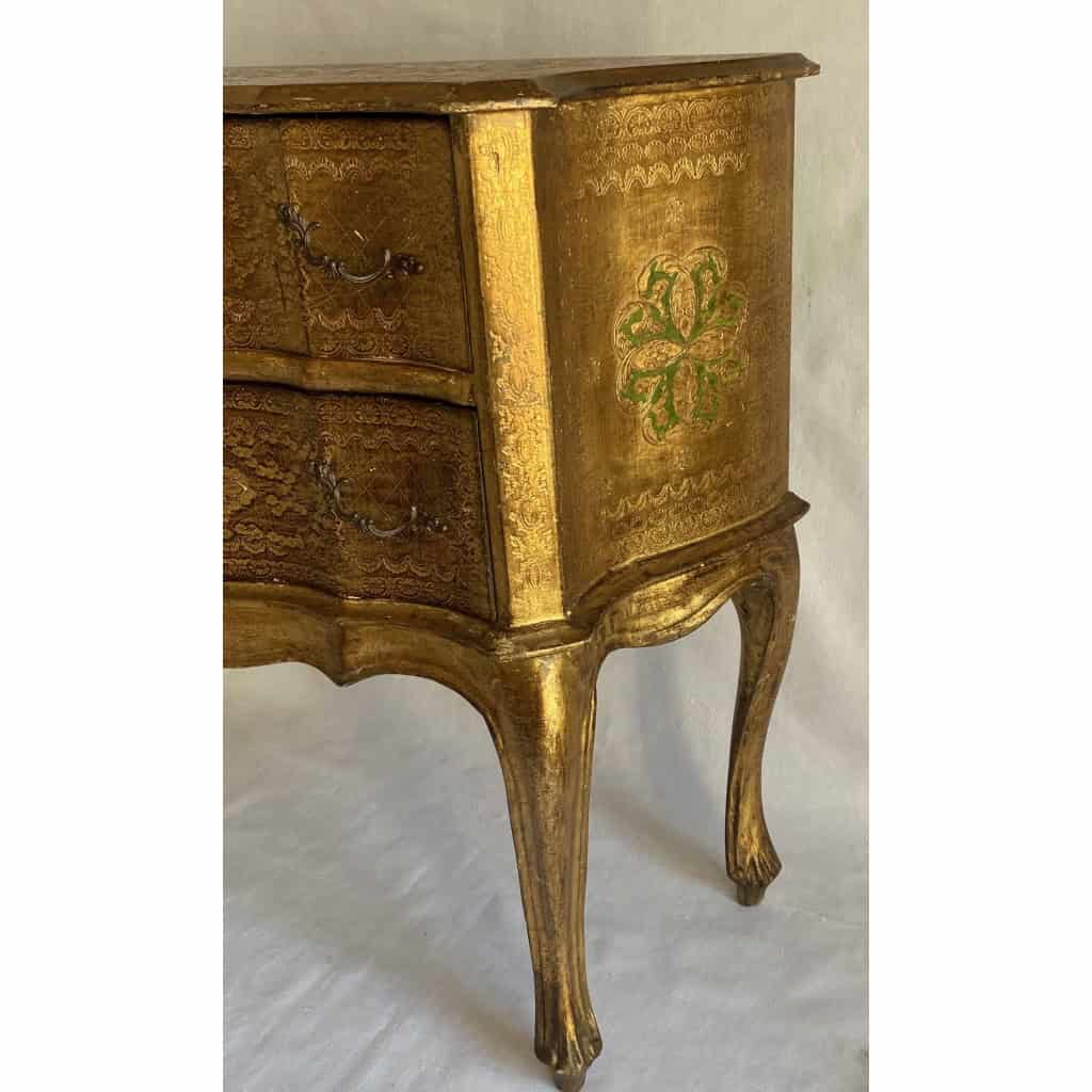 1970′ Commode Arbalète 2 Tiroirs Bois Doré Style Renaissance Italienne 76 X 33 X H 71 cm