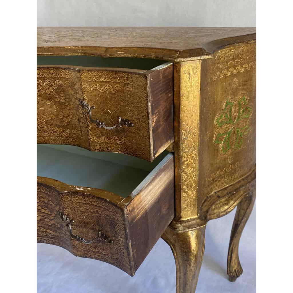1970′ Commode Arbalète 2 Tiroirs Bois Doré Style Renaissance Italienne 76 X 33 X H 71 cm