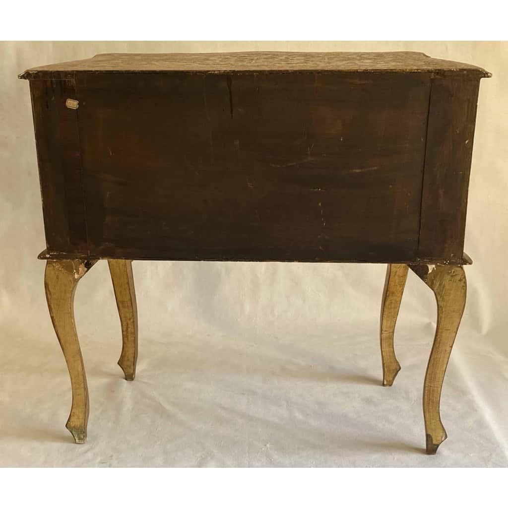 1970′ Commode Arbalète 2 Tiroirs Bois Doré Style Renaissance Italienne 76 X 33 X H 71 cm