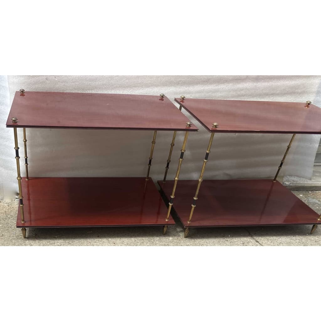 1950′ Paire de Tables Maison Baguès Décor Bambou en Bronze Bicolore Avec Plateaux Acajou 65 X 42 X H 48 cm