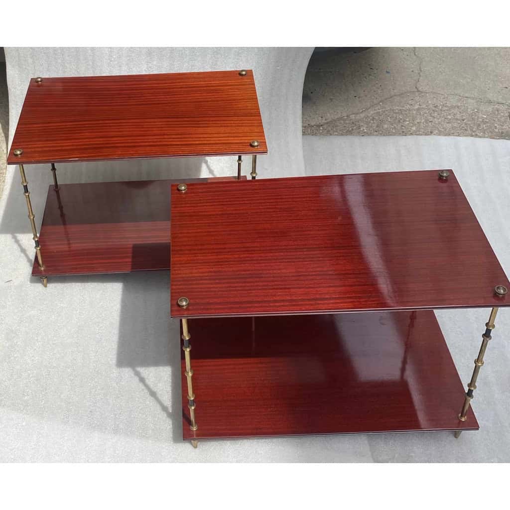 1950′ Paire de Tables Maison Baguès Décor Bambou en Bronze Bicolore Avec Plateaux Acajou 65 X 42 X H 48 cm