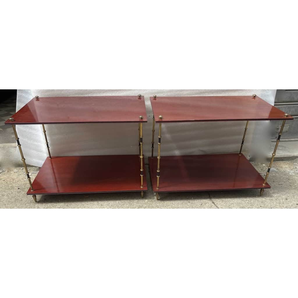 1950′ Paire de Tables Maison Baguès Décor Bambou en Bronze Bicolore Avec Plateaux Acajou 65 X 42 X H 48 cm