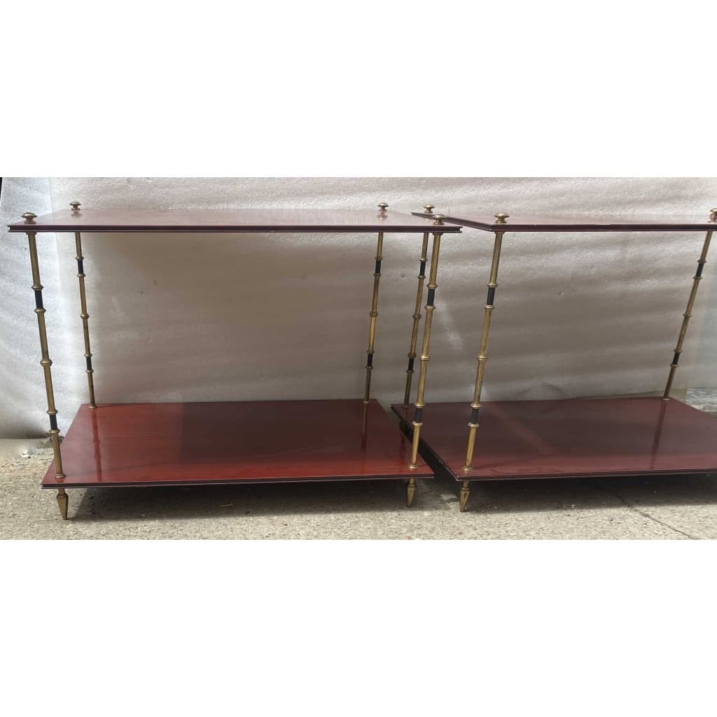 1950′ Paire de Tables Maison Baguès Décor Bambou en Bronze Bicolore Avec Plateaux Acajou 65 X 42 X H 48 cm