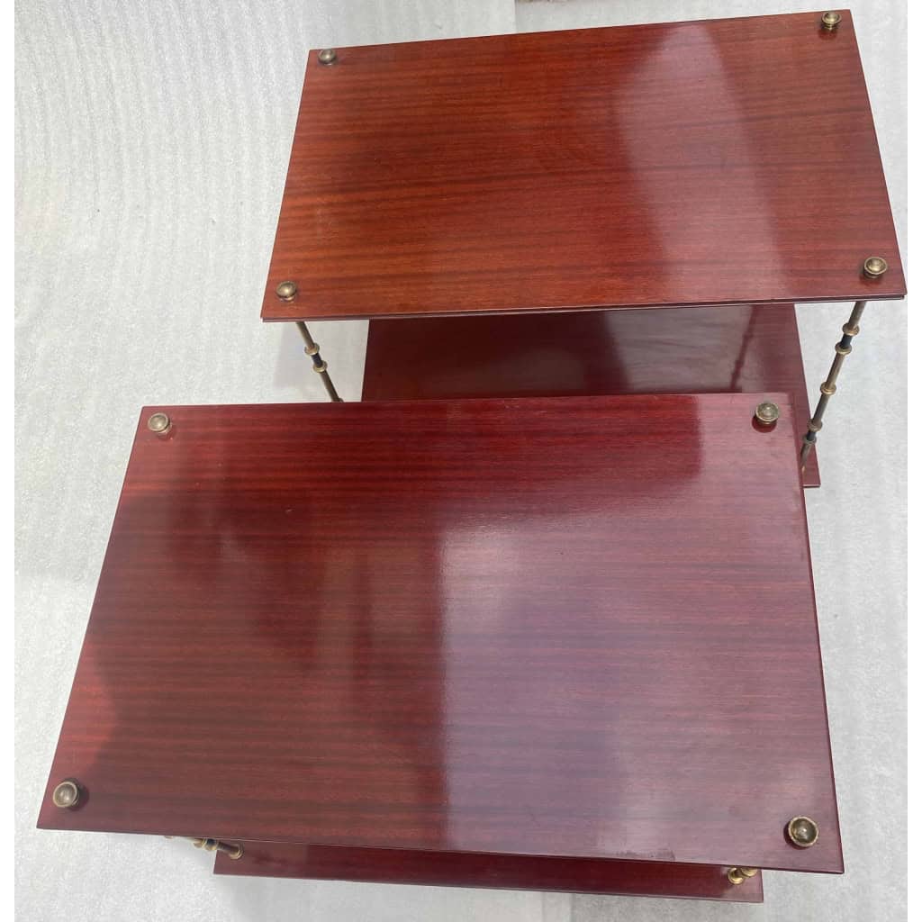 1950′ Paire de Tables Maison Baguès Décor Bambou en Bronze Bicolore Avec Plateaux Acajou 65 X 42 X H 48 cm