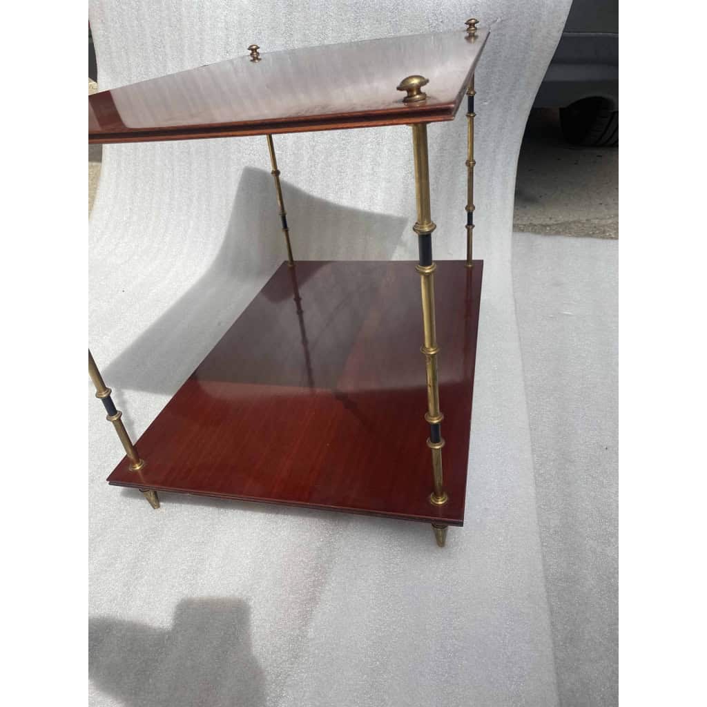 1950′ Paire de Tables Maison Baguès Décor Bambou en Bronze Bicolore Avec Plateaux Acajou 65 X 42 X H 48 cm