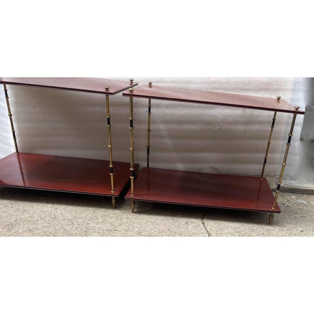 1950′ Paire de Tables Maison Baguès Décor Bambou en Bronze Bicolore Avec Plateaux Acajou 65 X 42 X H 48 cm