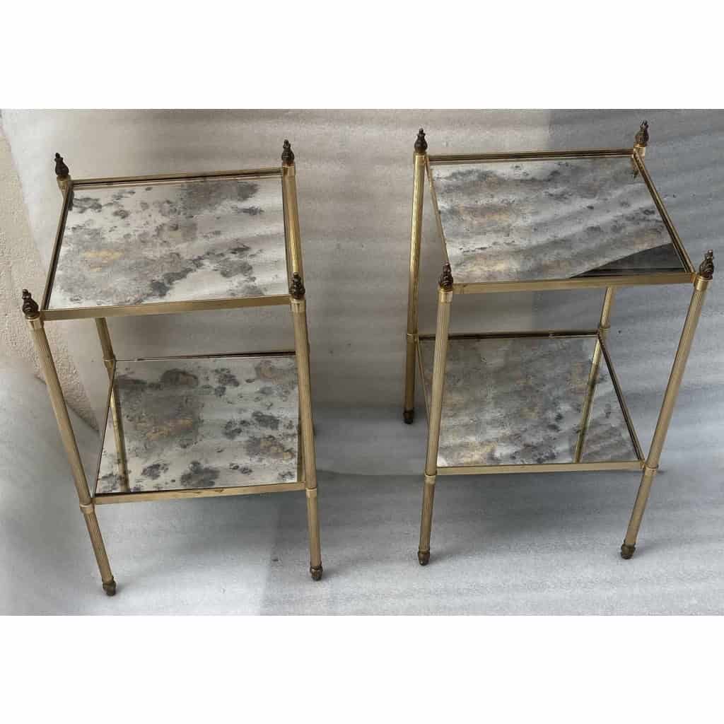 1970′ Paire de Bouts de Canapé Carrés Maison Baguès Plateaux Miroirs Oxydés Argentés Avec Pots A Feux 34X34X H 59 cm | Biron 1970′ Paire de Bouts de Canapé Carrés Maison Baguès Plateaux Miroirs Oxydés Argentés Avec Pots A Feux 34X34X H 59 cm