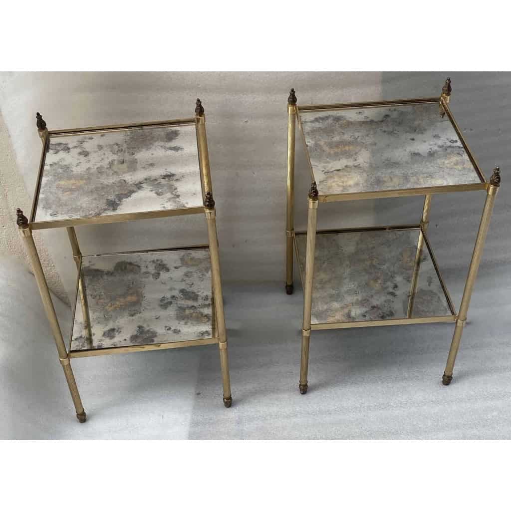 1970′ Paire de Bouts de Canapé Carrés Maison Baguès Plateaux Miroirs Oxydés Argentés Avec Pots A Feux 34X34X H 59 cm | Biron 1970′ Paire de Bouts de Canapé Carrés Maison Baguès Plateaux Miroirs Oxydés Argentés Avec Pots A Feux 34X34X H 59 cm