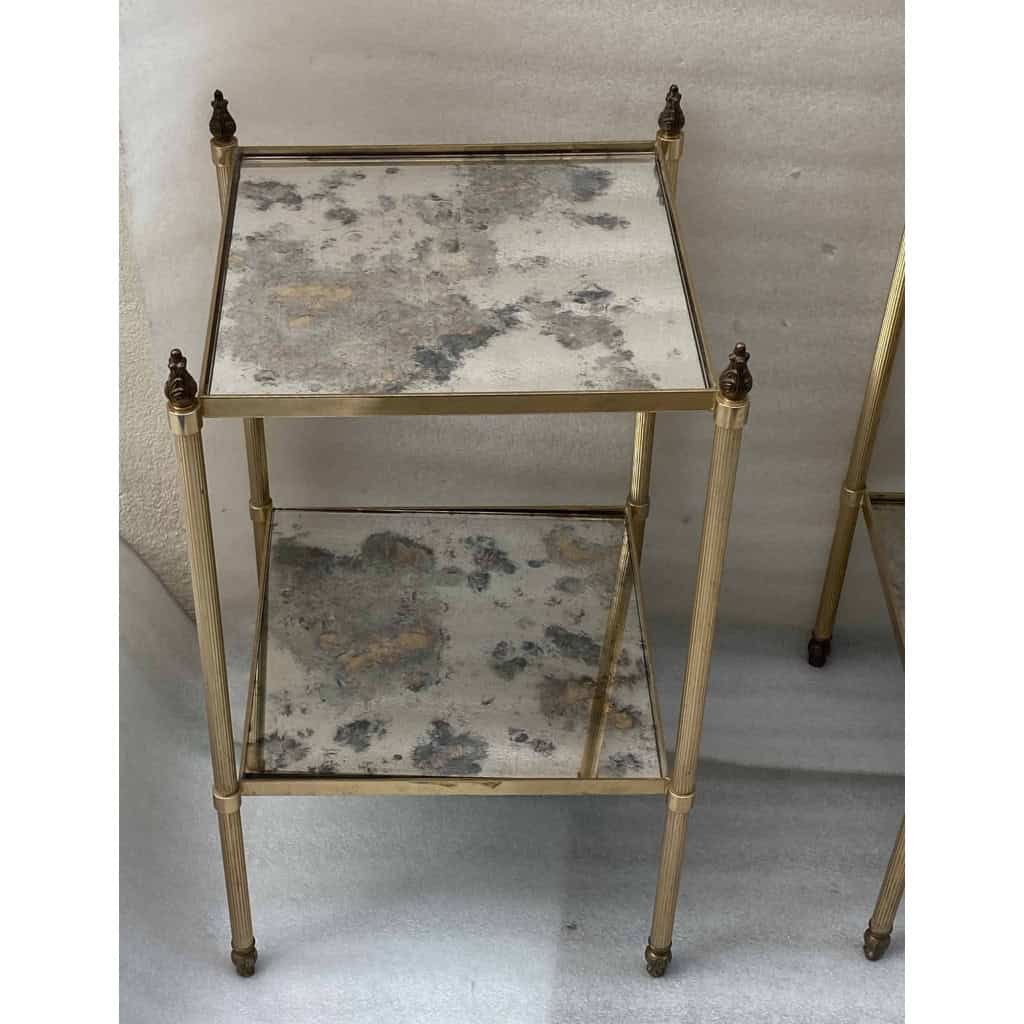 1970′ Paire de Bouts de Canapé Carrés Maison Baguès Plateaux Miroirs Oxydés Argentés Avec Pots A Feux 34X34X H 59 cm | Biron 1970′ Paire de Bouts de Canapé Carrés Maison Baguès Plateaux Miroirs Oxydés Argentés Avec Pots A Feux 34X34X H 59 cm
