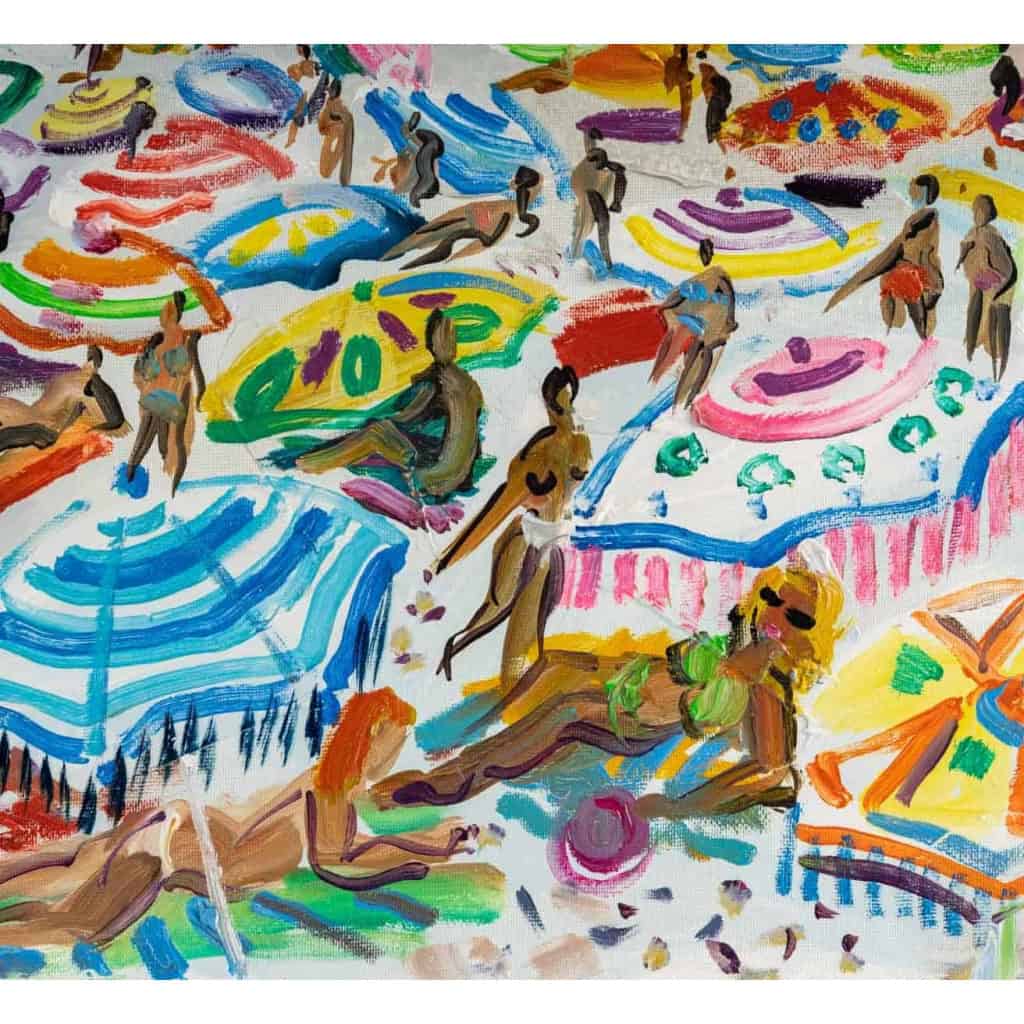 Huile sur toile, scène de plage à Cagne sur mer signé Yvon Grac | Biron Huile sur toile, scène de plage à Cagne sur mer signé Yvon Grac