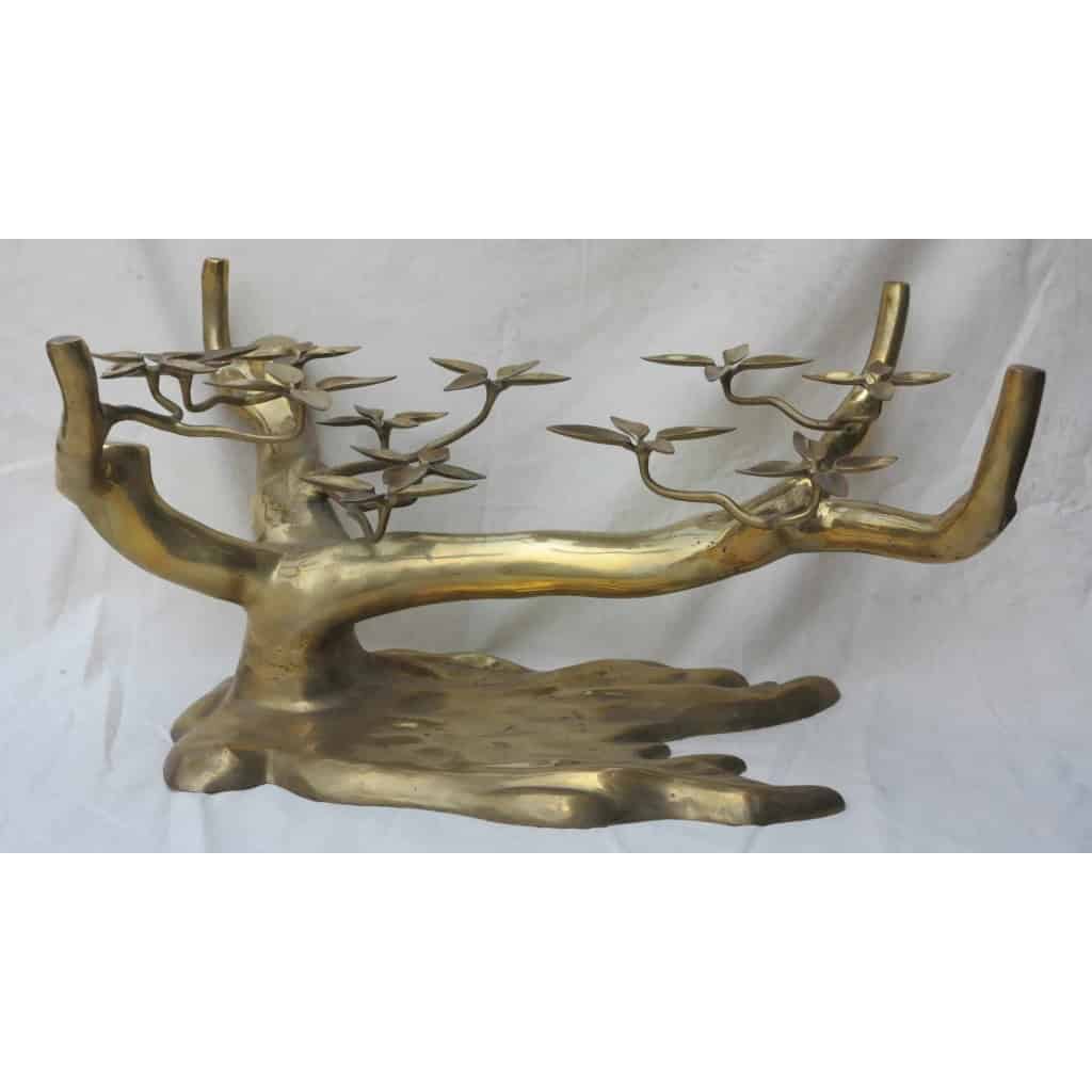 1970′ Table Basse au Bonzaï sur Dune de Sable en Bronze Doré Willy Daro ou Duval Brasseur