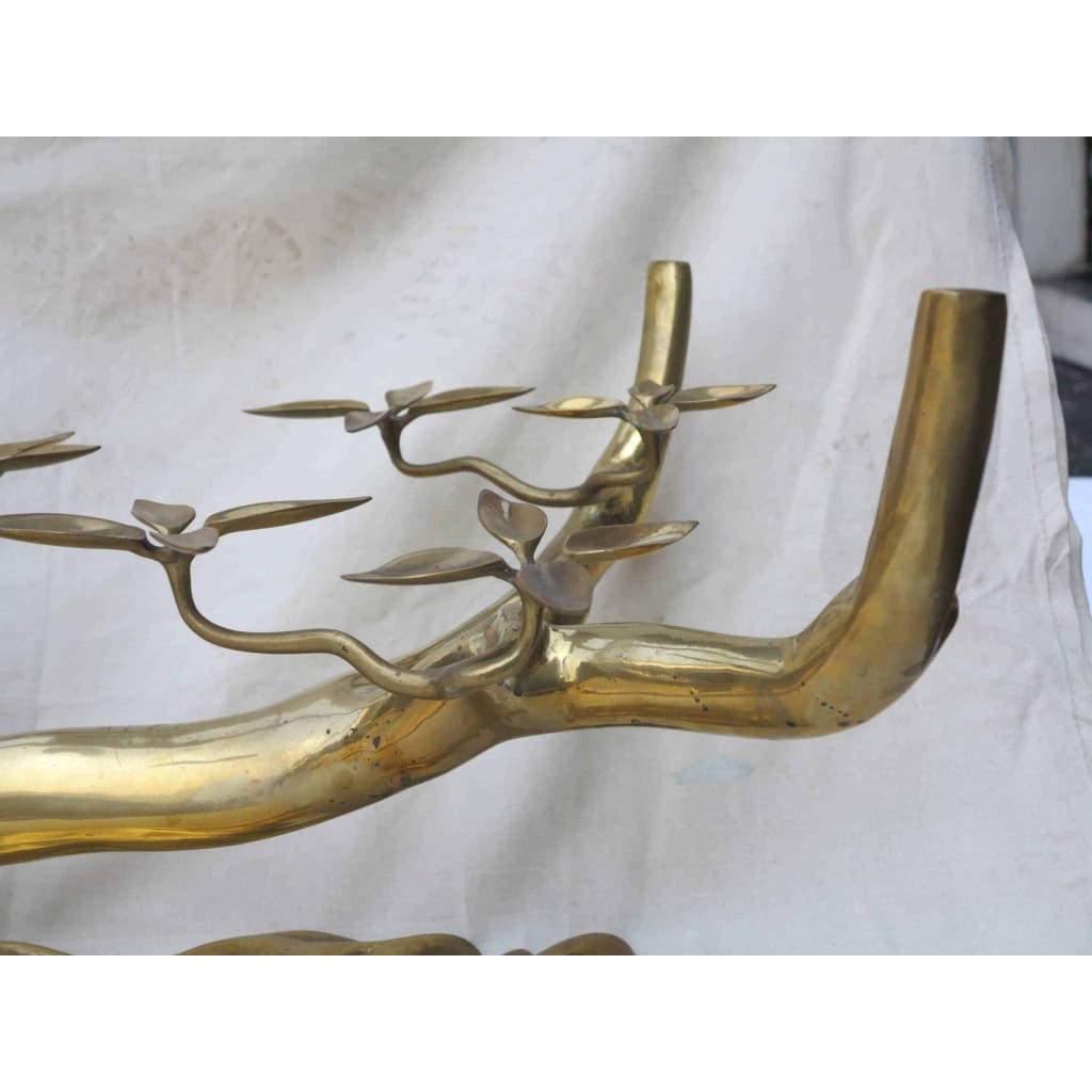 1970′ Table Basse au Bonzaï sur Dune de Sable en Bronze Doré Willy Daro ou Duval Brasseur