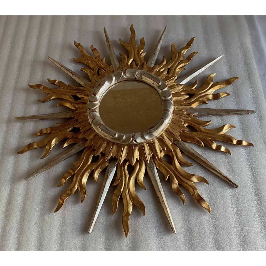 1950/70′ Miroir Soleil Plat 2 Étages Bois Doré Et Argenté 78 Cm De Diamètre | Biron ||||||||||||