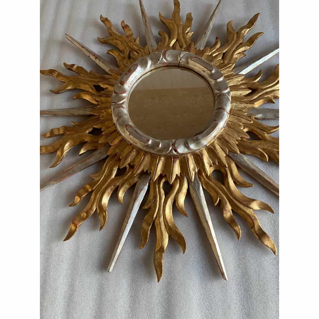 1950/70′ Miroir Soleil Plat 2 Étages Bois Doré Et Argenté 78 Cm De Diamètre | Biron 1950/70′ Miroir Soleil Plat 2 Étages Bois Doré Et Argenté 78 Cm De Diamètre