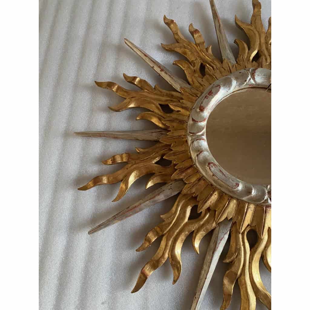 1950/70′ Miroir Soleil Plat 2 Étages Bois Doré Et Argenté 78 Cm De Diamètre | Biron 1950/70′ Miroir Soleil Plat 2 Étages Bois Doré Et Argenté 78 Cm De Diamètre