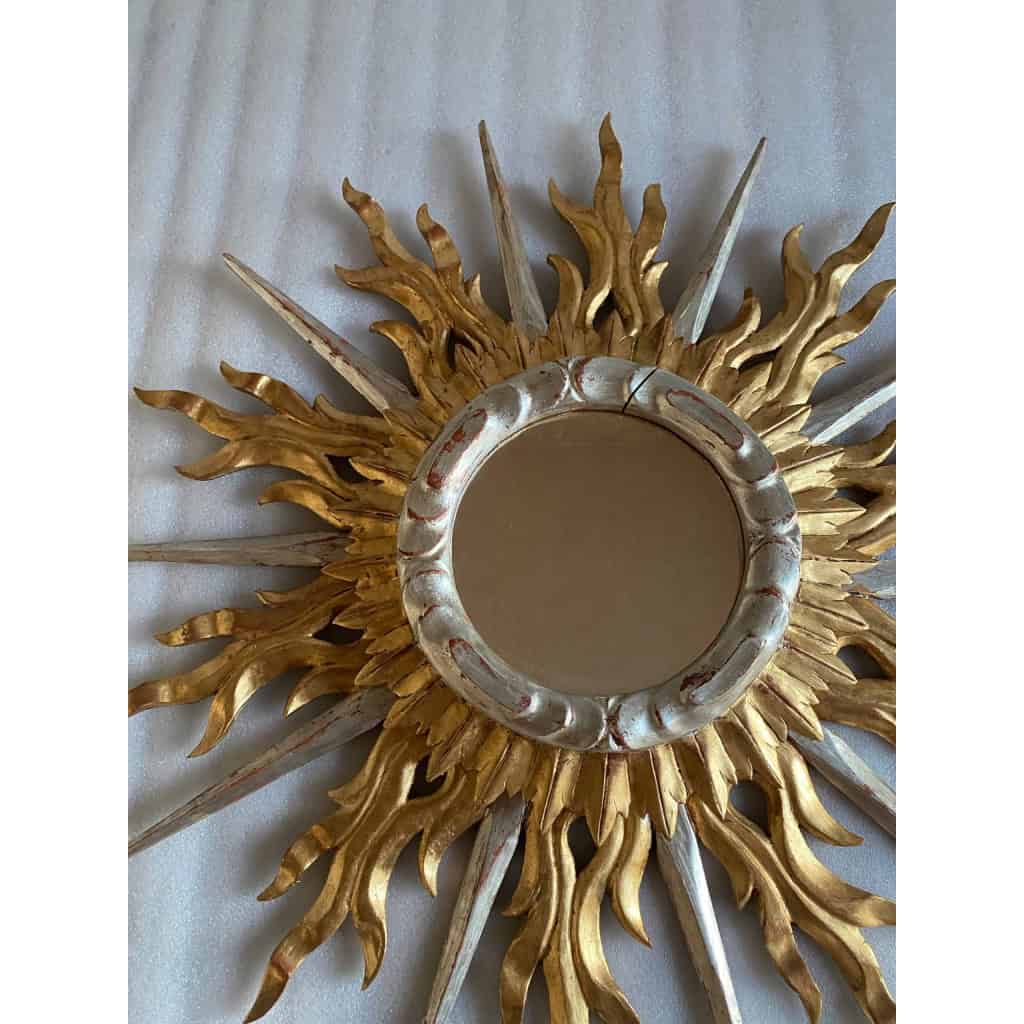 1950/70′ Miroir Soleil Plat 2 Étages Bois Doré Et Argenté 78 Cm De Diamètre | Biron 1950/70′ Miroir Soleil Plat 2 Étages Bois Doré Et Argenté 78 Cm De Diamètre
