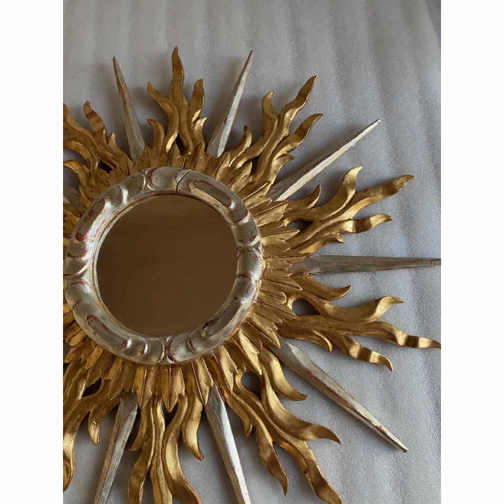 1950/70′ Miroir Soleil Plat 2 Étages Bois Doré Et Argenté 78 Cm De Diamètre | Biron 1950/70′ Miroir Soleil Plat 2 Étages Bois Doré Et Argenté 78 Cm De Diamètre