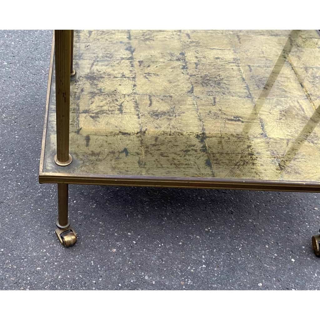 1970′ Paire Étagères à 3 Niveaux En Escalier Maison Baguès En Laiton et Plateaux Dorés à L’Or Et Miroirs Oxydés Vieillis