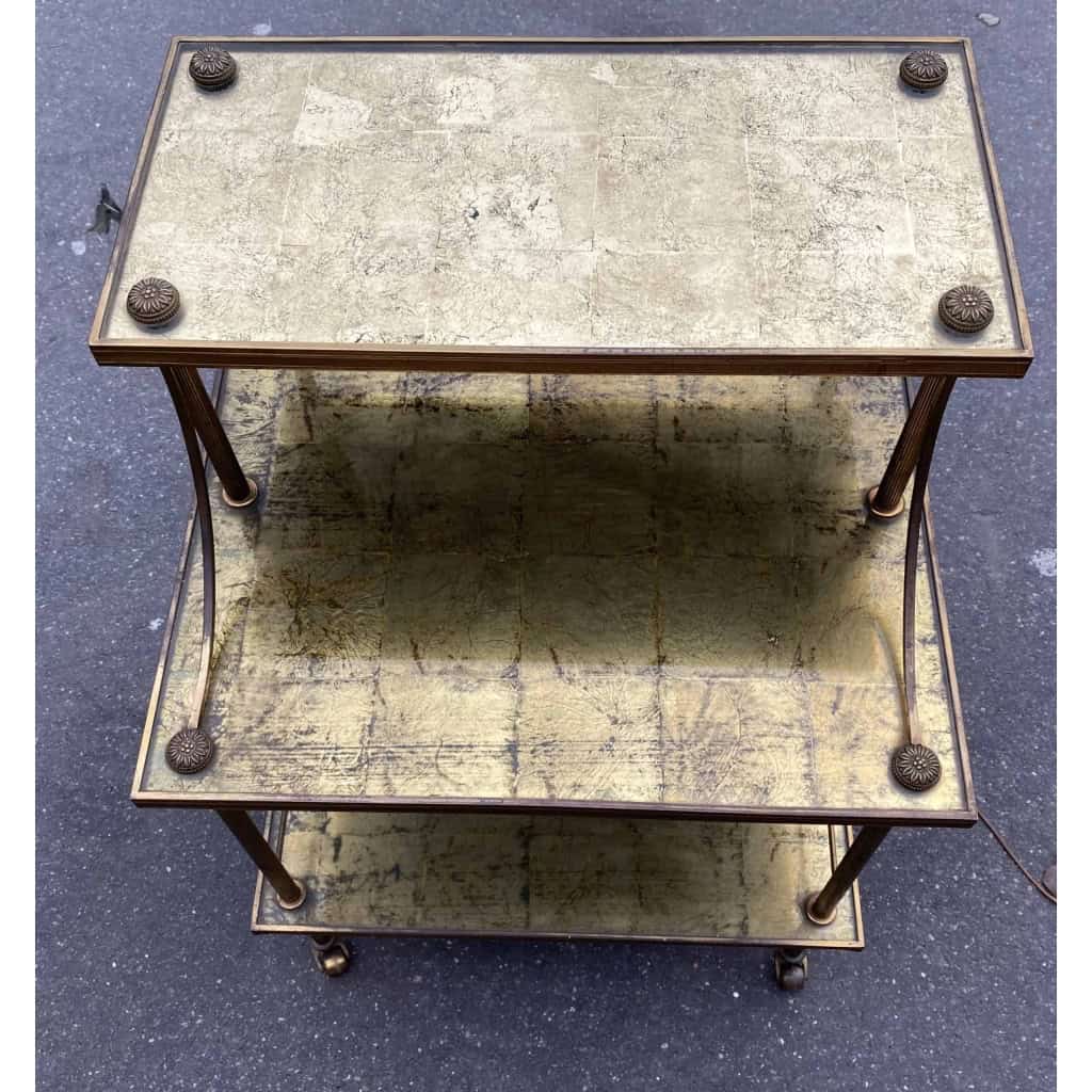 1970′ Paire Étagères à 3 Niveaux En Escalier Maison Baguès En Laiton et Plateaux Dorés à L’Or Et Miroirs Oxydés Vieillis