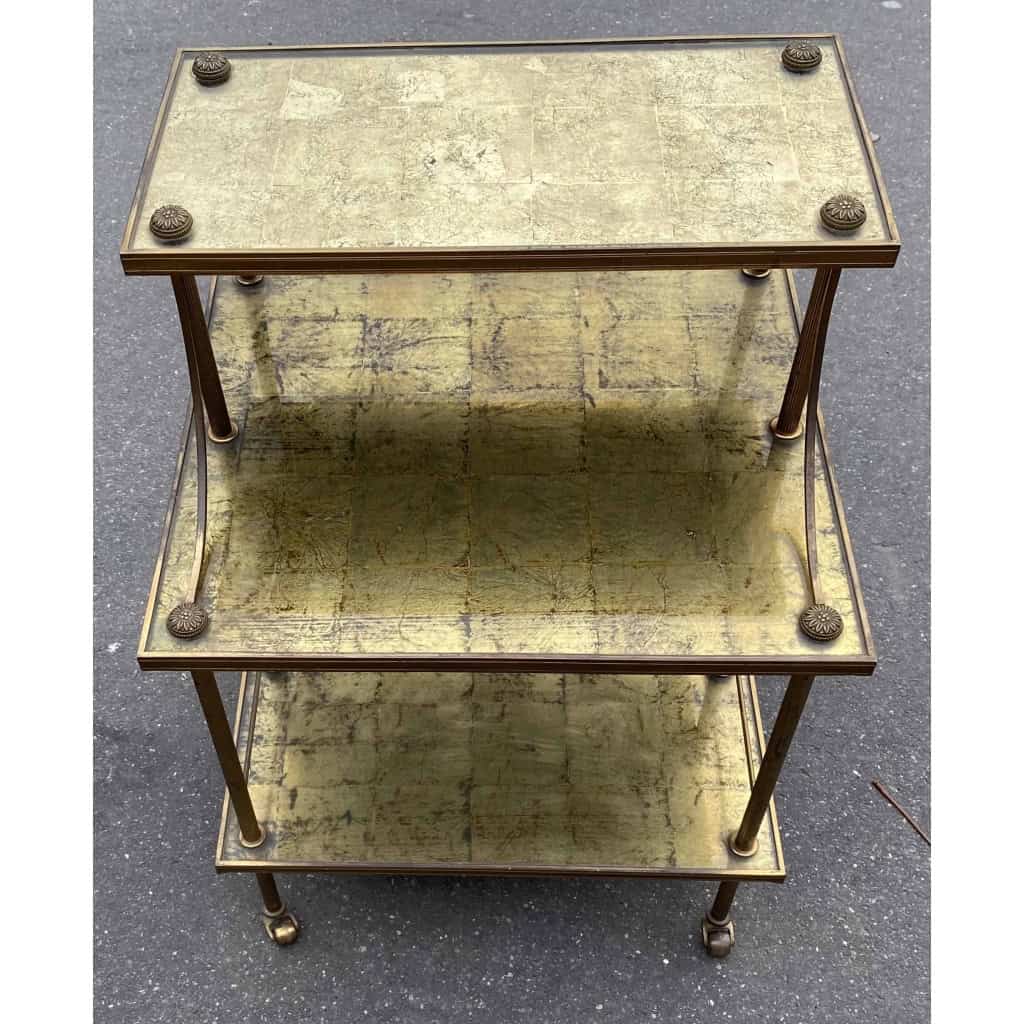 1970′ Paire Étagères à 3 Niveaux En Escalier Maison Baguès En Laiton et Plateaux Dorés à L’Or Et Miroirs Oxydés Vieillis