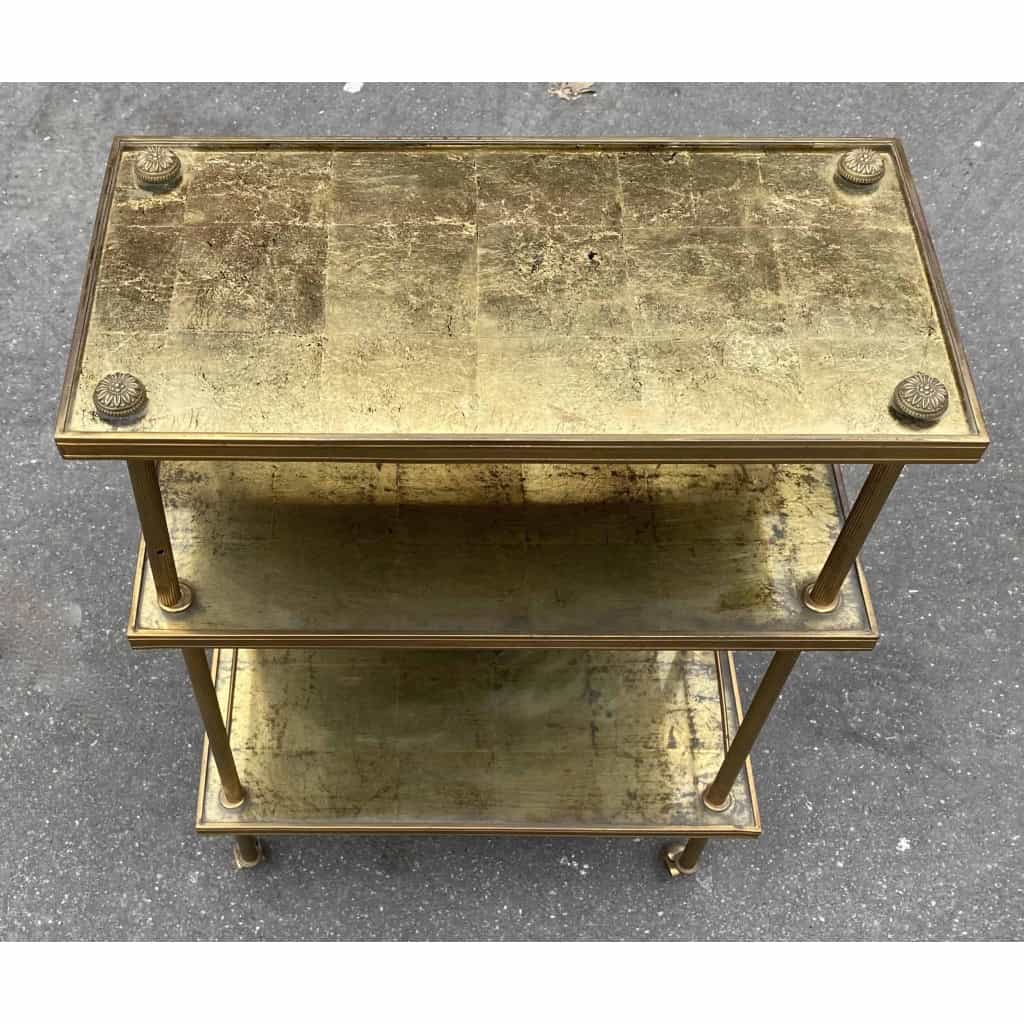 1970′ Paire Étagères à 3 Niveaux En Escalier Maison Baguès En Laiton et Plateaux Dorés à L’Or Et Miroirs Oxydés Vieillis