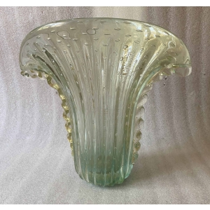 1970′ Vase de Murano Avec Bulles et Inclusions d’Or, Cristal Vert Bouteille , Signé Murano Toso H 39 cm