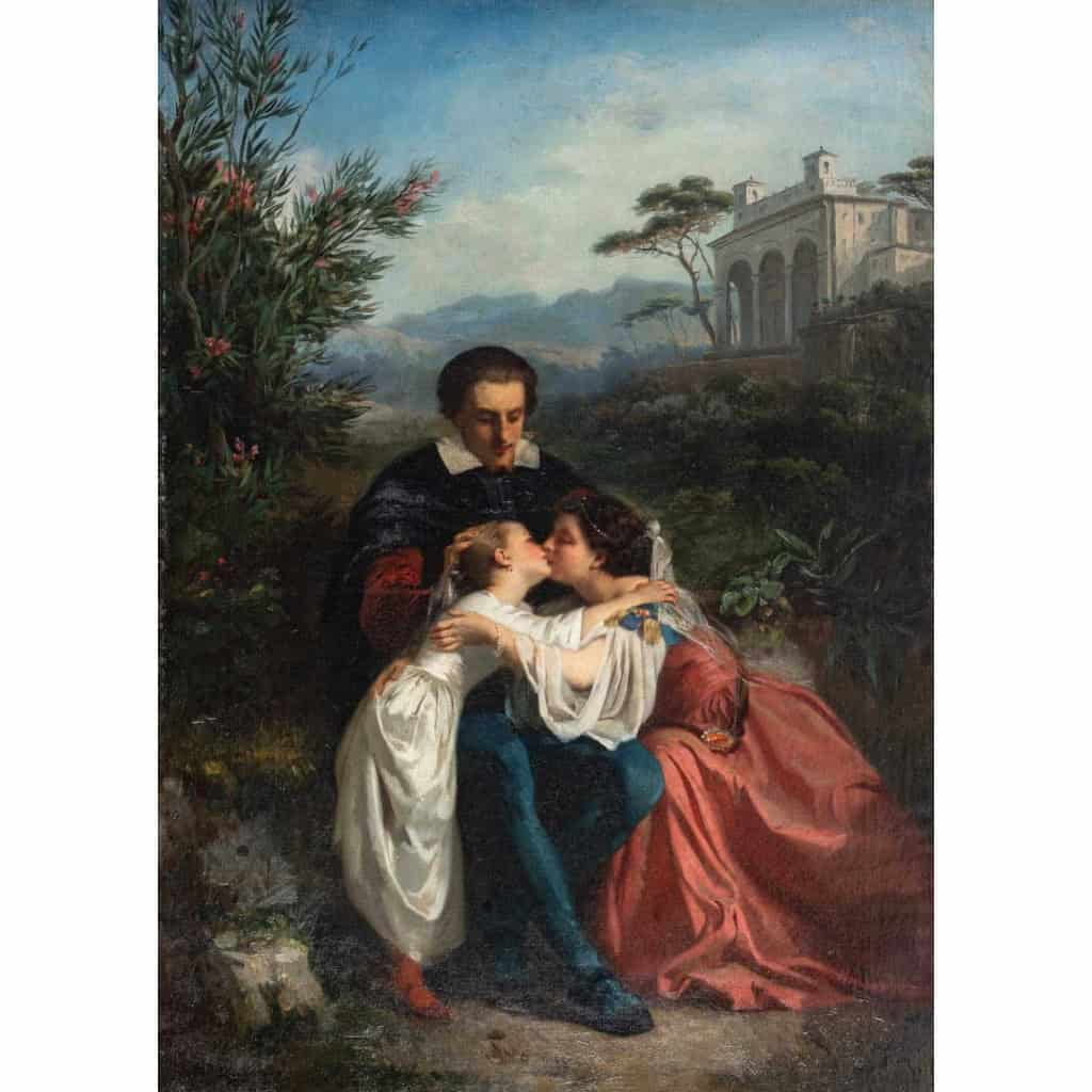 Huile sur toile du XIXème siècle, Maman qui embrasse son enfant | Biron Huile sur toile du XIXème siècle, Maman qui embrasse son enfant