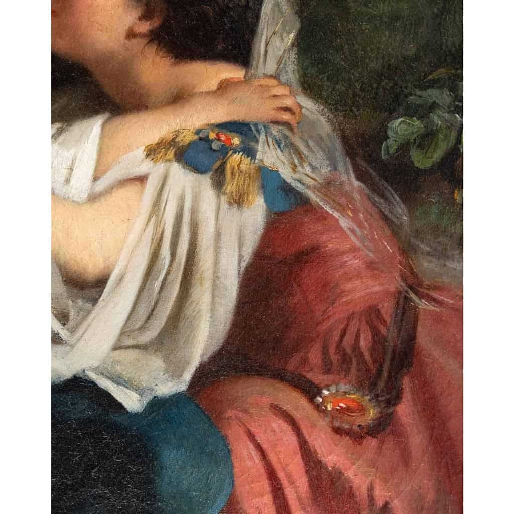 Huile sur toile du XIXème siècle, Maman qui embrasse son enfant | Biron Huile sur toile du XIXème siècle, Maman qui embrasse son enfant