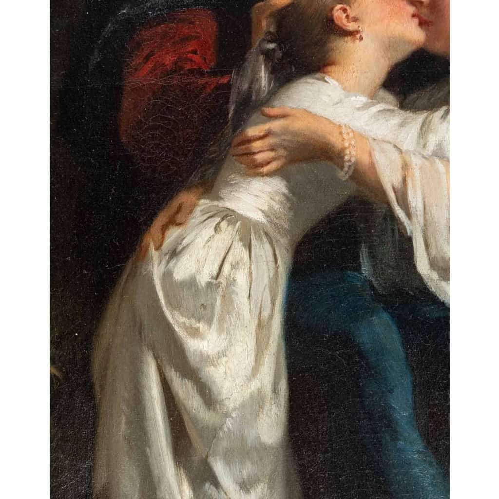 Huile sur toile du XIXème siècle, Maman qui embrasse son enfant | Biron Huile sur toile du XIXème siècle, Maman qui embrasse son enfant