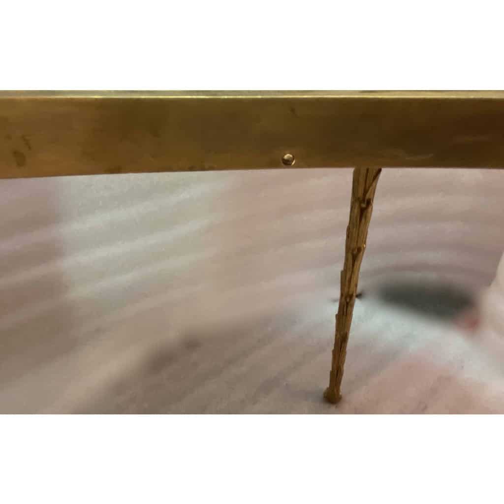 1970′ Table Tripartite Maison Charles Forme Arbaléte, Jansen Ou Baguès Décor Palmier en Bronze Doré avec Plateaux Marbre