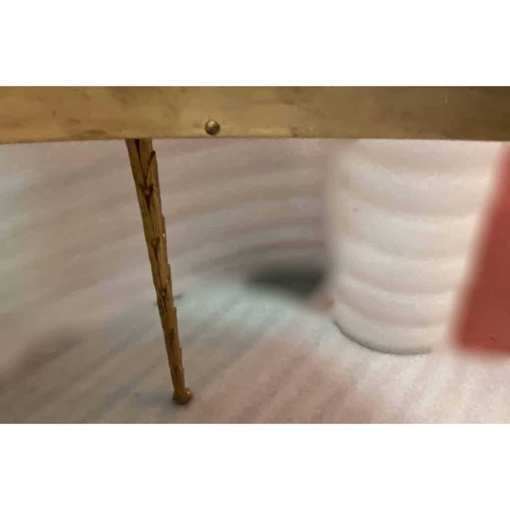 1970′ Table Tripartite Maison Charles Forme Arbaléte, Jansen Ou Baguès Décor Palmier en Bronze Doré avec Plateaux Marbre
