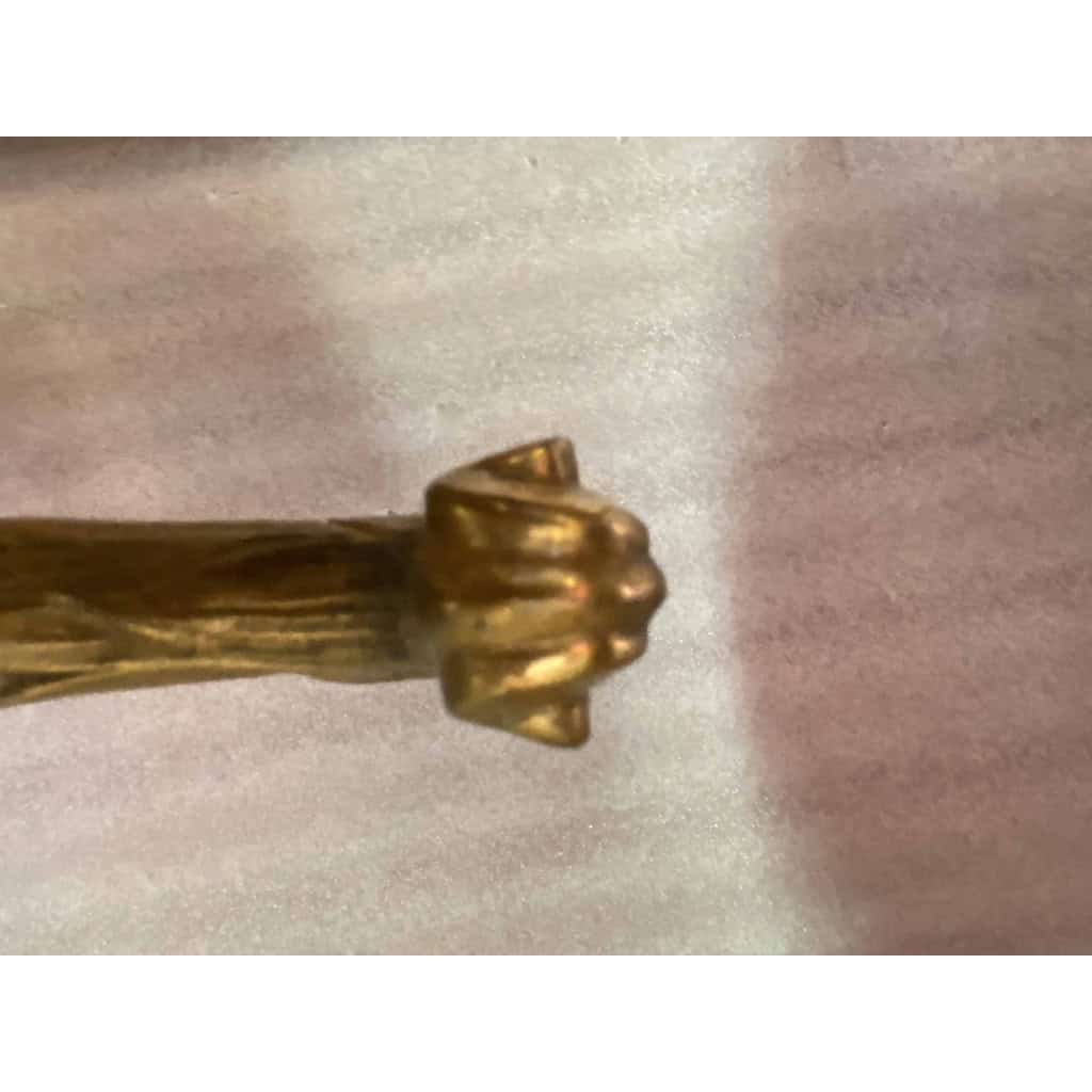 1970′ Table Tripartite Maison Charles Forme Arbaléte, Jansen Ou Baguès Décor Palmier en Bronze Doré avec Plateaux Marbre