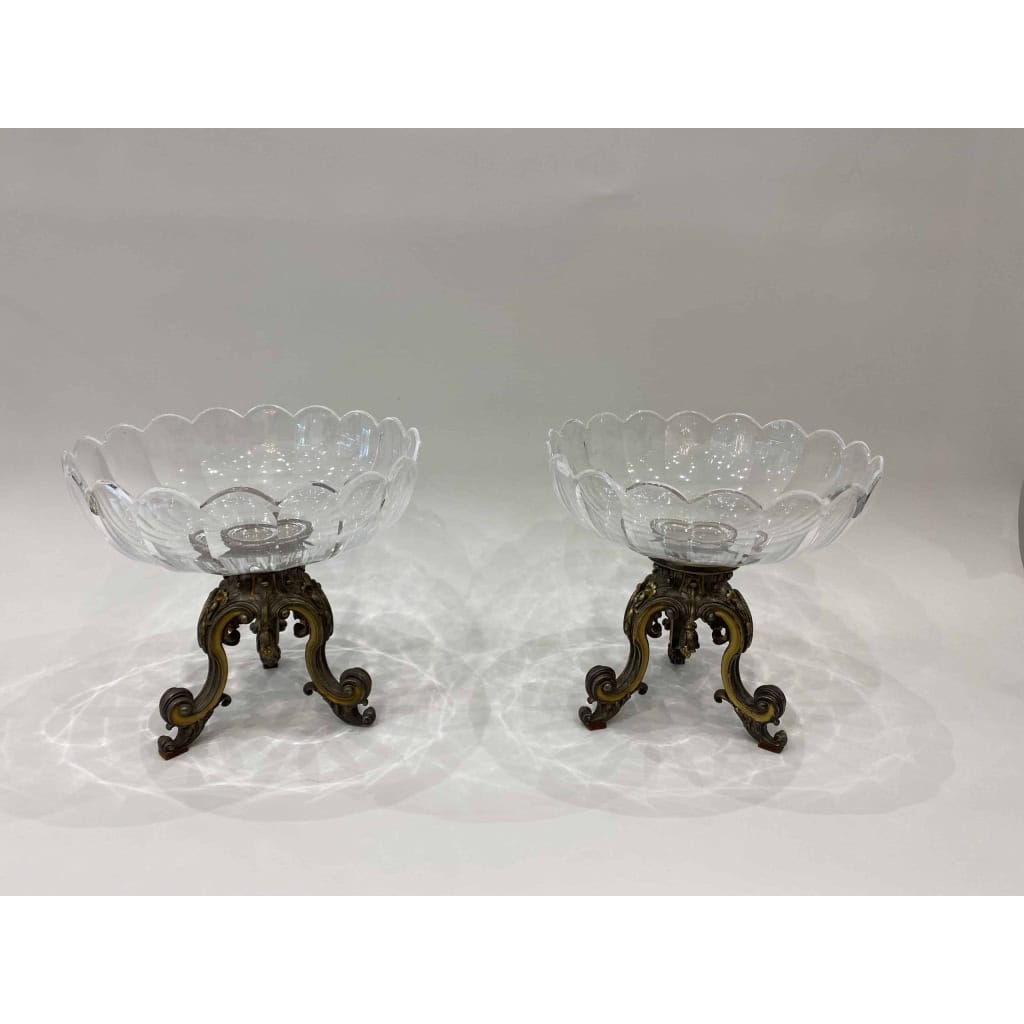 Paire de coupes en cristal et bronze argenté et doré, Circa 1900