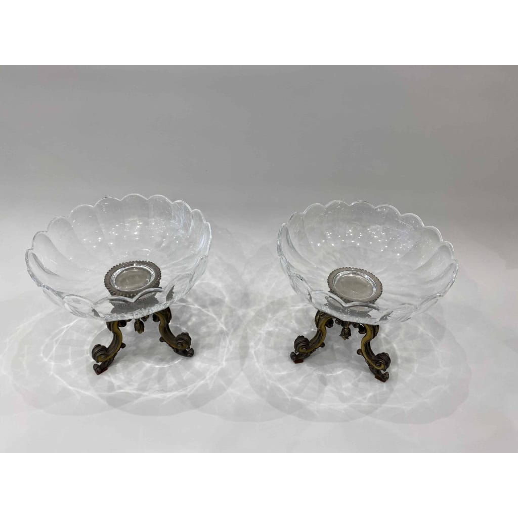 Paire de coupes en cristal et bronze argenté et doré, Circa 1900