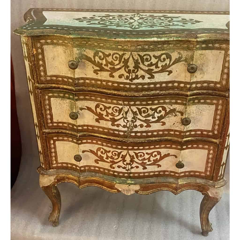 1970′ Commode Arbalète 3 Tiroirs Bois Doré Style Renaissance Italienne 78 X 32 X H 78 cm