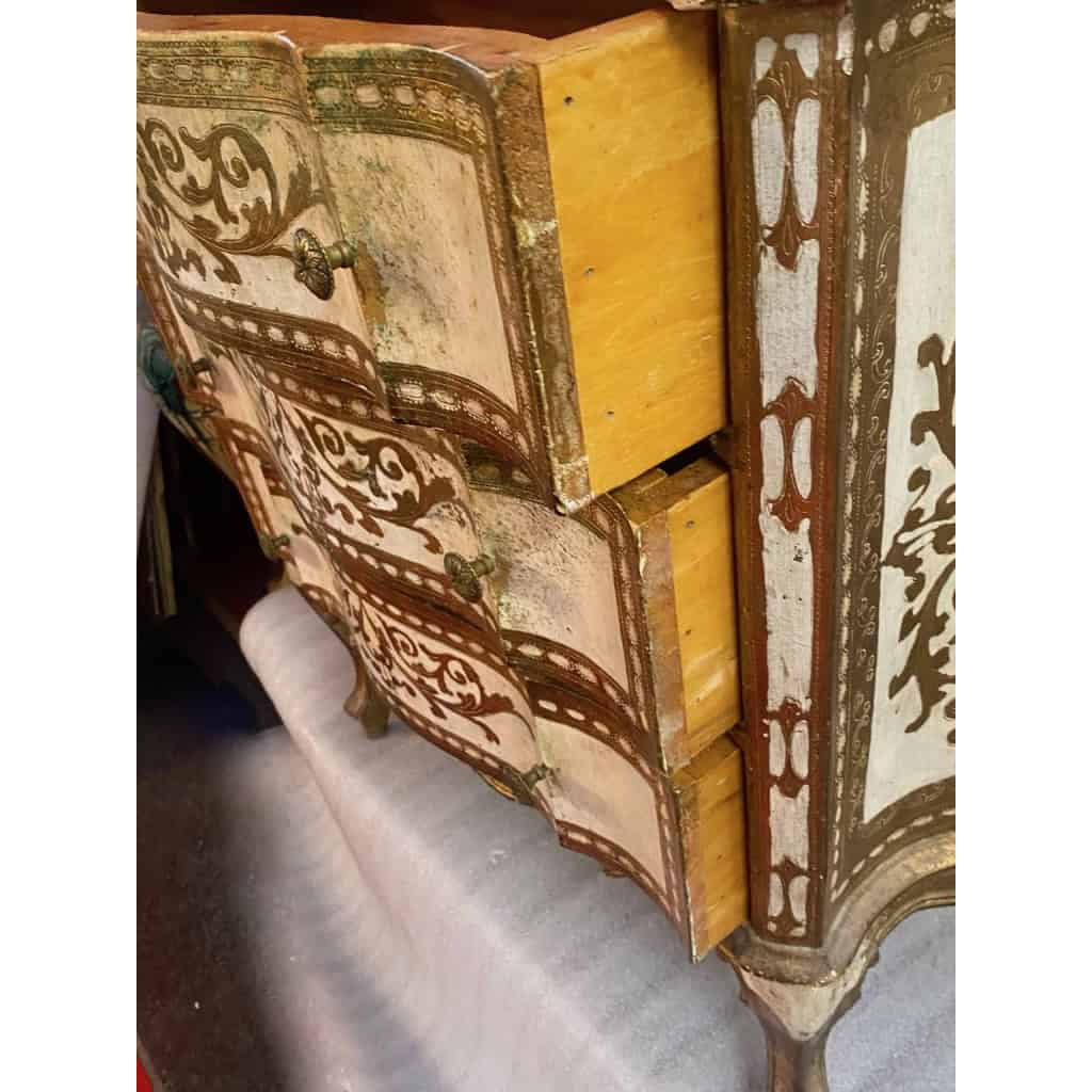 1970′ Commode Arbalète 3 Tiroirs Bois Doré Style Renaissance Italienne 78 X 32 X H 78 cm