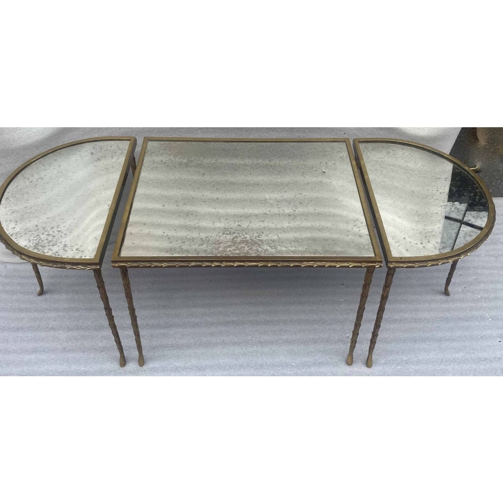 1970′ Table Tripartite Maison Charles Décor Palmier en Bronze Doré avec Plateaux Miroir 125 X 52 X H 42 cm | Biron ||||||||||||||||