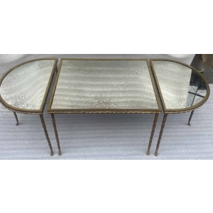 1970′ Table Tripartite Maison Charles Décor Palmier en Bronze Doré avec Plateaux Miroir 125 X 52 X H 42 cm | Biron ||||||||||||||||