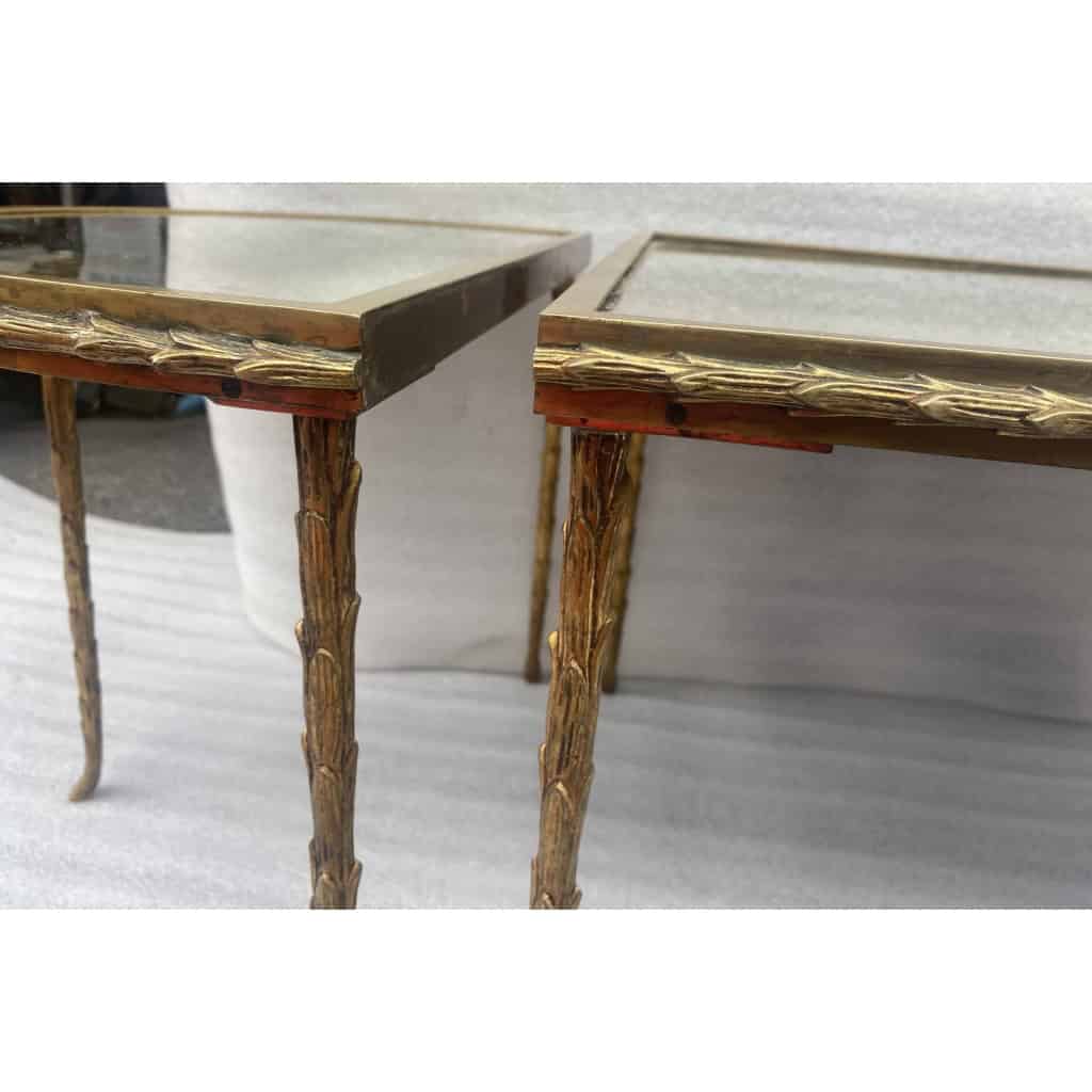 1970′ Table Tripartite Maison Charles Décor Palmier en Bronze Doré avec Plateaux Miroir 125 X 52 X H 42 cm | Biron 1970′ Table Tripartite Maison Charles Décor Palmier en Bronze Doré avec Plateaux Miroir 125 X 52 X H 42 cm