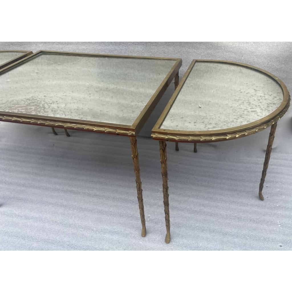 1970′ Table Tripartite Maison Charles Décor Palmier en Bronze Doré avec Plateaux Miroir 125 X 52 X H 42 cm | Biron 1970′ Table Tripartite Maison Charles Décor Palmier en Bronze Doré avec Plateaux Miroir 125 X 52 X H 42 cm